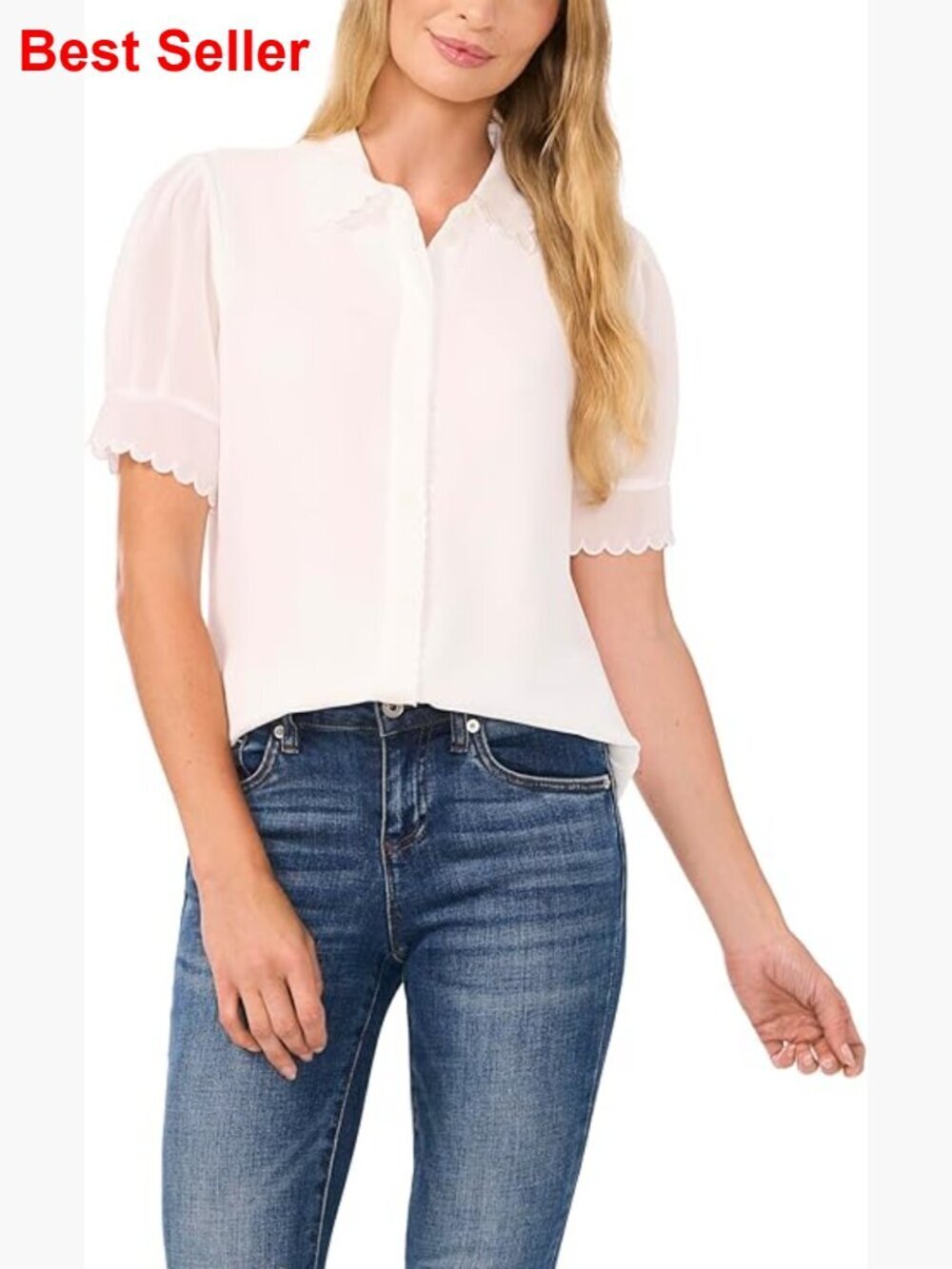 Short Sleeve Scallop Trim Button Up Top, 100% Polyester